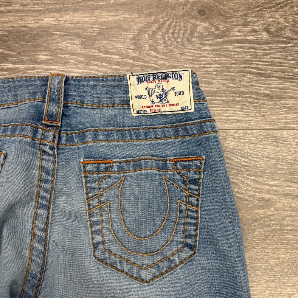 True Religion Jeans Womens 27 Blue Faded Skinny Stitch Low Rise Stretch Zip Y2K